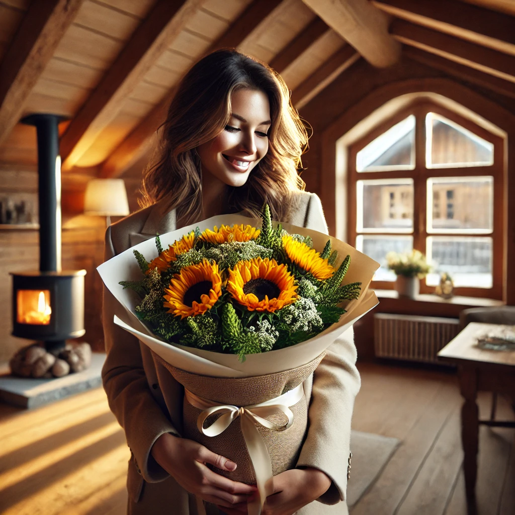 A hyper-realistic, 8K studio-quality photographic image of a woman holding an elegant bouquet of sunflowers wrapped in sophisticated packaging, inside