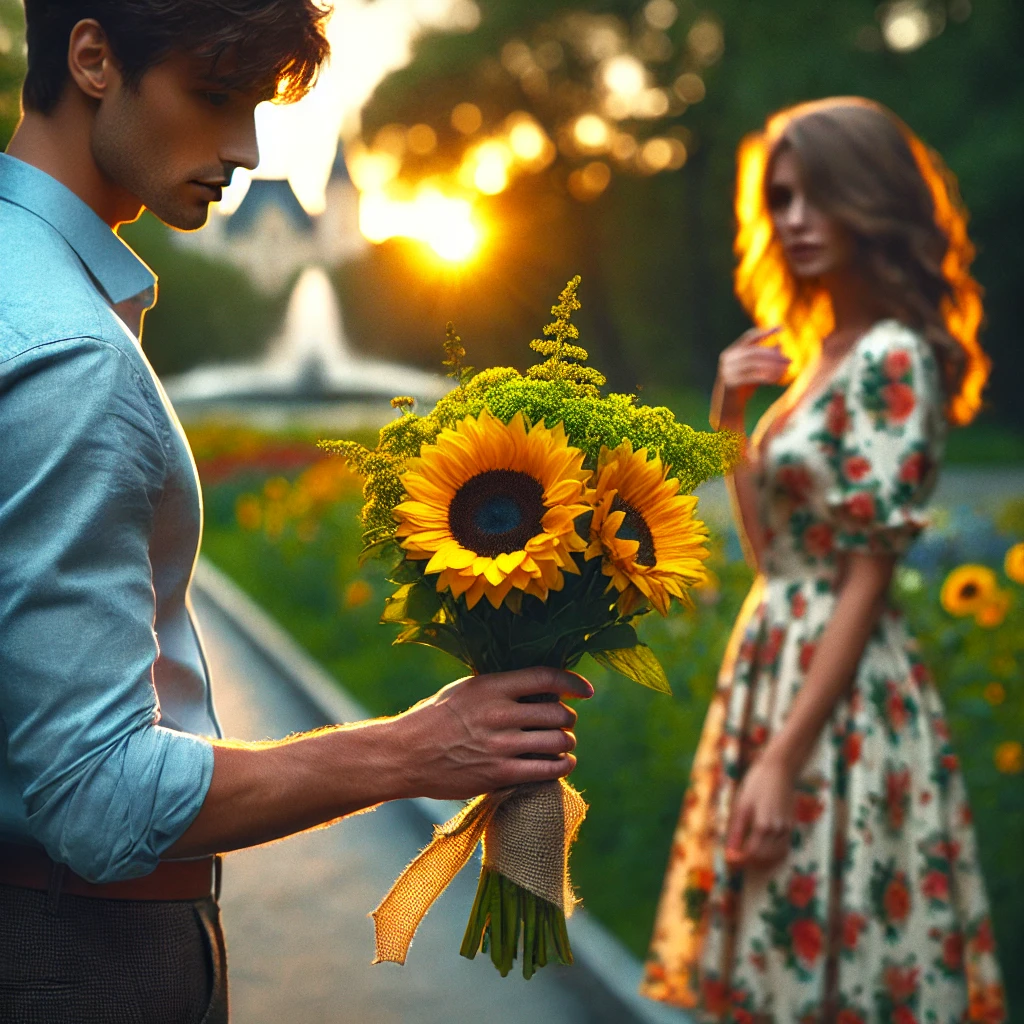 A professional high-resolution photograph of a young, elegant man handing a vibrant yellow sunflower bouquet to a woman in a serene park at twilight