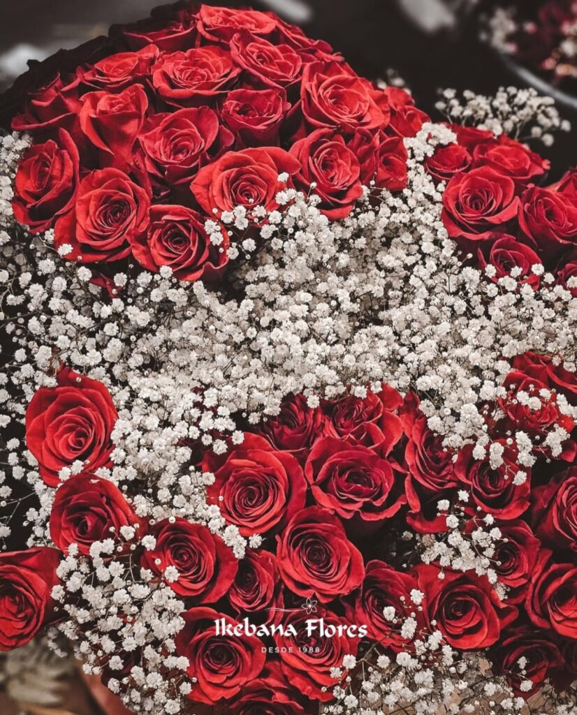 Buquê grande de rosas vermelhas com mosquitinho, arranjo clássico e sofisticado para presente romântico