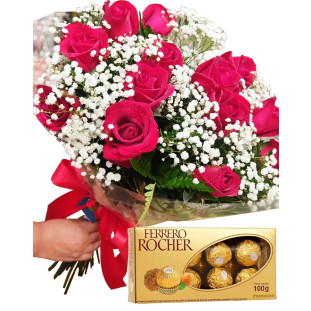 buquê de rosas com ferrero rocher