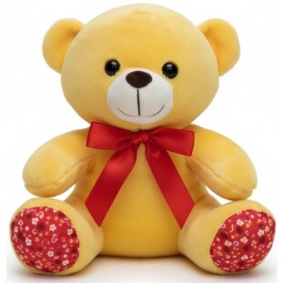 Urso de pelúcia cor creme com laço vermelho e detalhes florais nos pés, presente ideal com entrega rápida em Belo Horizonte.