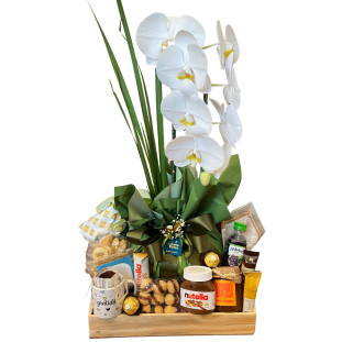 cesta de café da manhã com orquídea phalis branca na embalagem verde