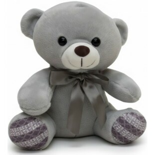 Urso de pelúcia cinza com laço acetinado e detalhes nos pés em tons de cinza, presente delicado com entrega rápida em Belo Horizonte.