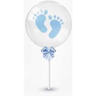 Balão transparente com pegadas azuis e laço de cetim, ideal para maternidade de menino com entrega rápida em Belo Horizonte.