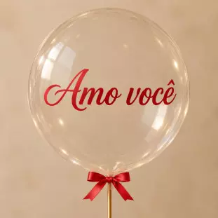 Balão transparente com a mensagem vermelha “Amo você”, laço vermelho e haste dourada