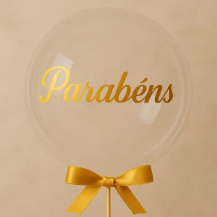 balão transparente com laço dourado e dizeres parabéns