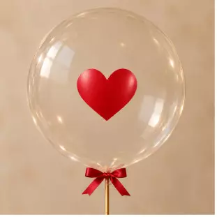 Balão transparente arredondado com coração vermelho central, laço vermelho e fitas douradas na base