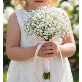 buquê de daminha feito com gipsofila branca e laço rosado