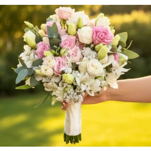 buquê de noiva com inúmeros tipos de flores e cores diferentes