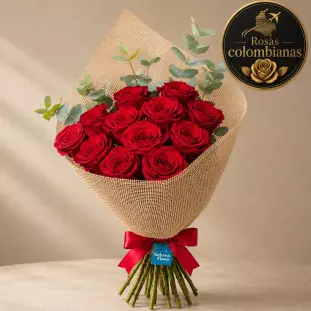 Buquê de 12 Rosas no Tecido Juta