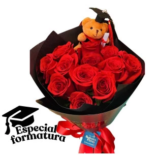 buquê de 12 rosas vermelhas com ursinho de formatura ikebana flores