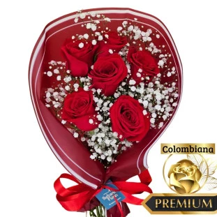 Buquê de 6 rosas vermelhas importadas com gipsofila em papel vermelho e laço de cetim