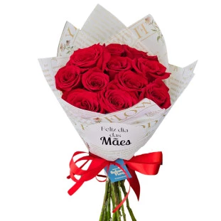 Buquê com 12 rosas vermelhas importadas embalado com laço e adesivo Feliz Dia das Mães – presente especial com entrega rápida em Belo Horizonte