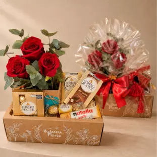 Cesta de chocolates Ferrero Rocher com rosas vermelhas e gipsofila, embalagem elegante Ikebana Flores