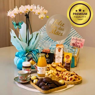 Cesta Luxo Tiffany Dia das Mães – Orquídea & Café da Manhã Completo