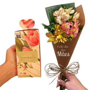 Kit Flores e Biscoitos com buquê P de astromélias e biscoito cappuccino Delice & Co – presente de Dia das Mães com entrega rápida em BH