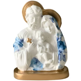 Imagem Sagrada Família 15cm em gesso com flores azuis e detalhes dourados