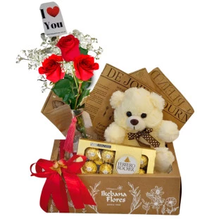kit com arranjo de rosas vermelhas, ursinho de pelúcia e chocolate ferrero rocher