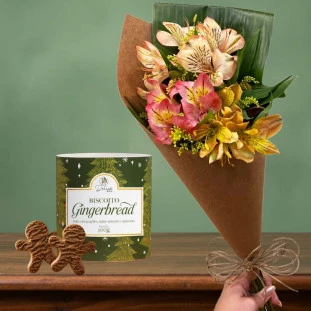 Kit Natalino com buquê de astromélias coloridas P em papel kraft e lata de biscoitos gingerbread Delicê & Co.