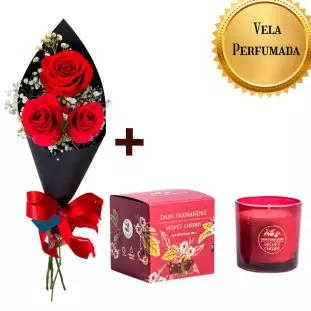 Kit de presente com cone de 3 rosas vermelhas e vela perfumada Dani Fernandes Velvet Cherry em embalagem luxuosa.