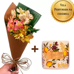 Kit presente com buquê de astromélias coloridas e vela perfumada Dani Fernandes coleção Jardim Secreto em pote de cerâmica.