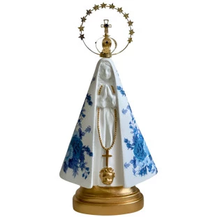 Imagem Nossa Senhora Aparecida 20cm com manto azul floral e coroa resplendor dourado