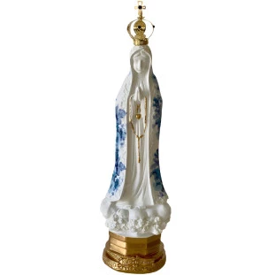 Imagem Nossa Senhora de Fátima 30cm em gesso com manto azul floral e coroa folheada