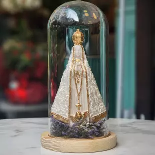 státua de Nossa Senhora adornada em cúpula de vidro com base de madeira e flores secas ao redor
