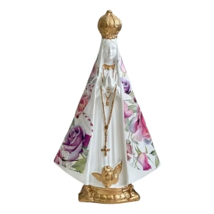 Imagem de Nossa Senhora Aparecida com manto floral e detalhes dourados – 20cm