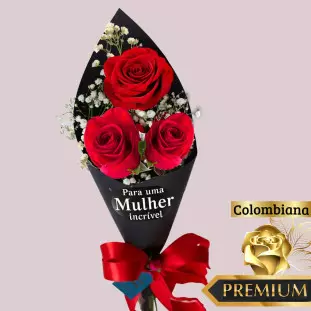 Cone 3 rosas vermelhas Colombianas - Dia da Mulher