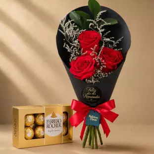 buquê com rosas e Ferrero Rocher