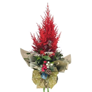 vaso de pinheiro vermelho decorado com laço natalino e folhagens