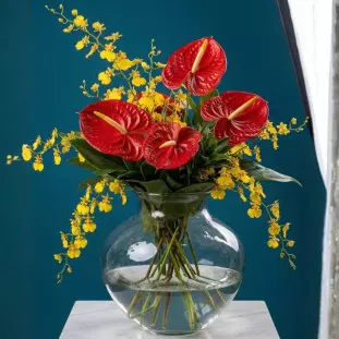 Arranjo grande de flores tropicais em vaso de vidro redondo com várias orquídeas amarelas chuva de ouro e antúrios vermelhos - Ikebana Flores BH.