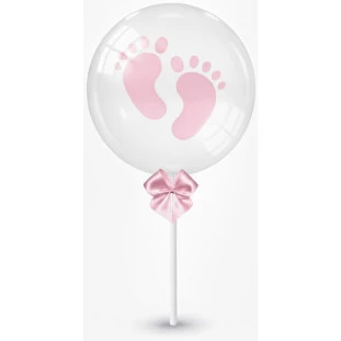 Balão transparente com pegadas rosa e laço de cetim, ideal para maternidade de menina com entrega rápida em Belo Horizonte.