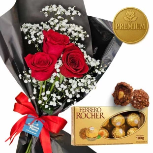 Buquê de 3 rosas com Chocolates