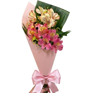 Buquê de astromélias rosas com laço rosa, ideal para presentear bailarinas em apresentações de ballet