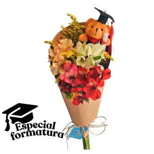 buquê de astromélias coloridas com ursinho de formatura ikebana flores