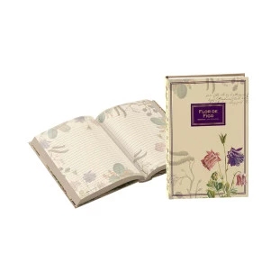 Caderno Perfumado Flor de Figo Dani Fernandes aberto e fechado, com 160 folhas pautadas.