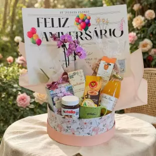 Box de presente Feliz Aniversário com banner comemorativo, mini orquídea e itens de café da manhã gourmet em Belo Horizonte.