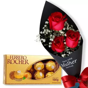 rosas vermelhas com ferrero rocher especial dia da mulher