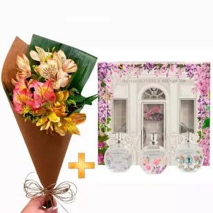 Kit de presente contendo um buquê de astromélias coloridas e uma caixa com três aromatizadores de ambiente Dani Fernandes coleção Bridgerton.