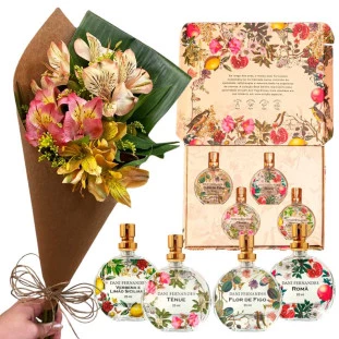 kit de aromatizadores dani fernandes com buquê de astromélias pequenas