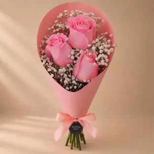 cone de 3 rosas rosadas na embalagem rosa