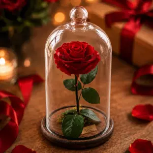 Rosa Eterna Vermelha Grande na Cúpula de Vidro - Rosa Preservada Grande com Cúpula