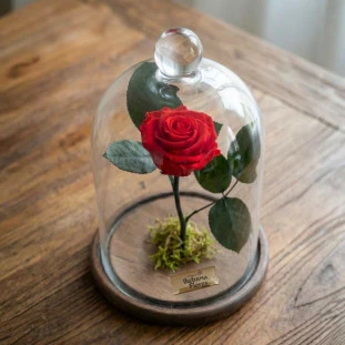 rosa eterna vermelha preservada em uma cúpula de vidro com base de madeira em cima de uma mesa de madeira