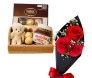 Cesta de presente com chocolates Ferrero Rocher, Nutella, ursinho de pelúcia e buquê de rosas vermelhas.