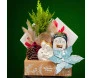Cesta de Natal Sagrada Família com mini pinheiro, mini panetone, imagem religiosa, pinha e flor decorativa, de Ikebana Flores