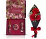 Buquê de 3 rosas vermelhas no papel preto com laço vermelho e kit Velvet Cherry Dani Fernandes com spray, creme e sabonete, entrega em Belo Horizonte.