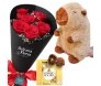 Kit presente com buquê de rosas vermelhas na embalagem preta, pelúcia de capivara e bombons Ferrero Rocher, da Ikebana Flores BH