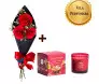 Kit de presente com cone de 3 rosas vermelhas e vela perfumada Dani Fernandes Velvet Cherry em embalagem luxuosa.